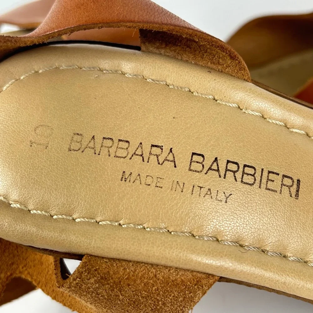 Barbara Barbieri Italian Cognac Leather Wedge Sandals Ankle Strap Brown Size 40